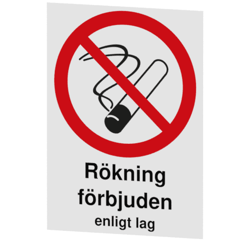 Rökning förbjuden enligt lag-skylten har storleken 210x297mm och tillverkas i materialet Självhäftande dekal. Denna standardskylt kan anpassas så att du kan skapa din egen version av skylten.
