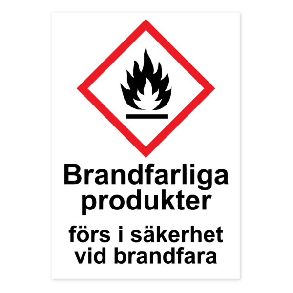 Brandfarliga produkter förs i säkerhet vid brandfara-skylten har storleken 210x297mm och tillverkas i materialet Dekal. Denna standardskylt kan anpassas så att du kan skapa din egen version av skylten.
