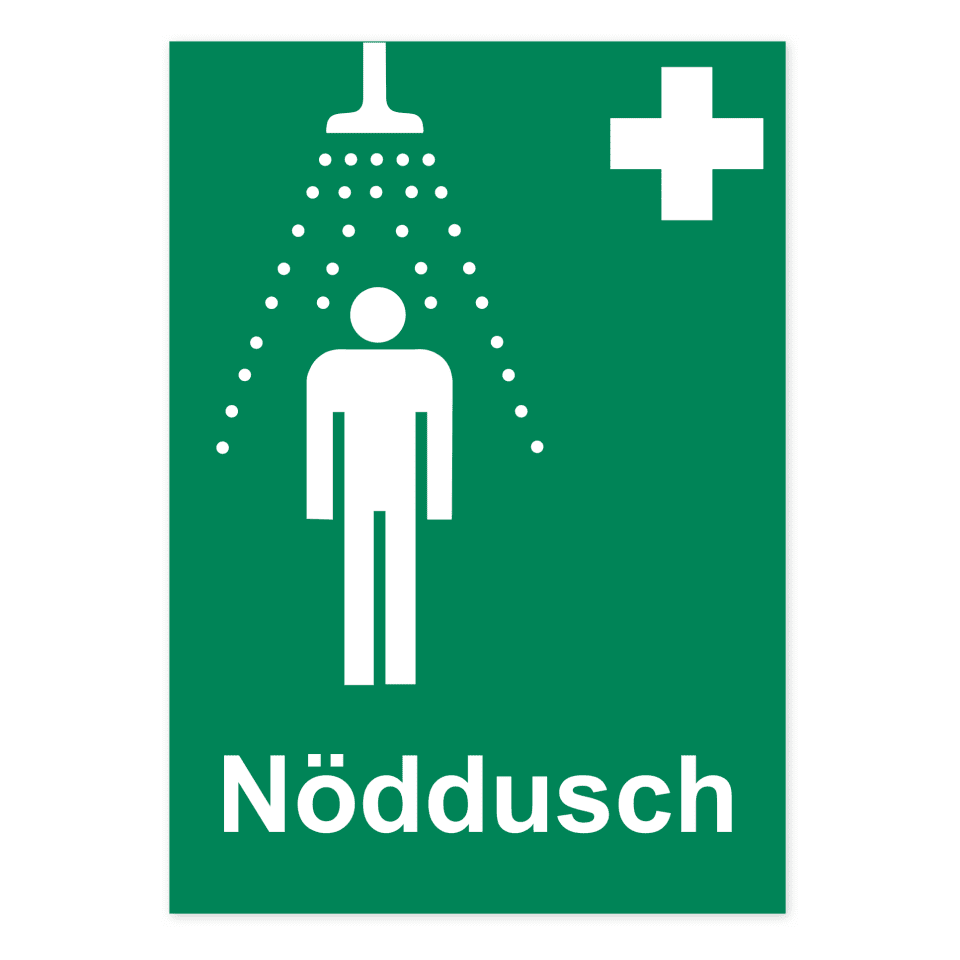 Nöddusch-skylten har storleken 210x297mm och tillverkas i materialet Aluminium 0.7mm. Denna standardskylt kan anpassas så att du kan skapa din egen version av skylten.
