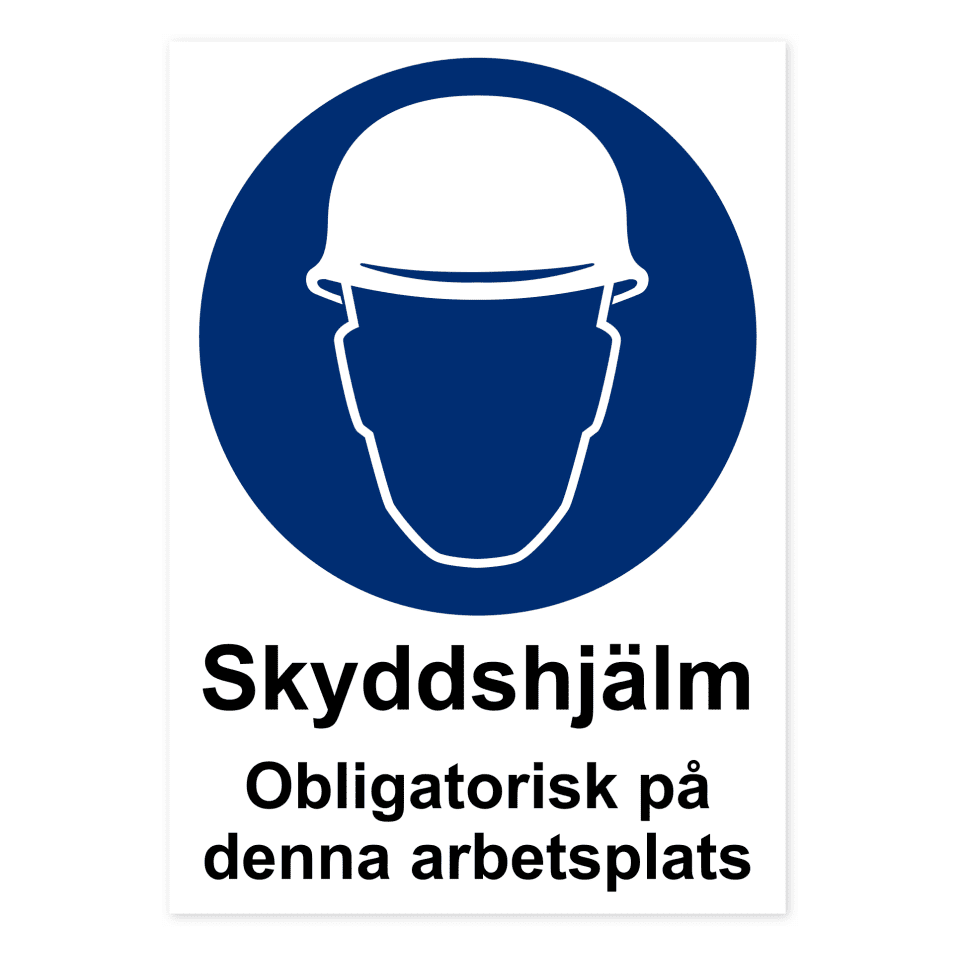Skyddshjälm. Obligatorisk på denna arbetsplats.-skylten har storleken 210x297mm och tillverkas i materialet Aluminium 0.7mm. Denna standardskylt kan anpassas så att du kan skapa din egen version av skylten.