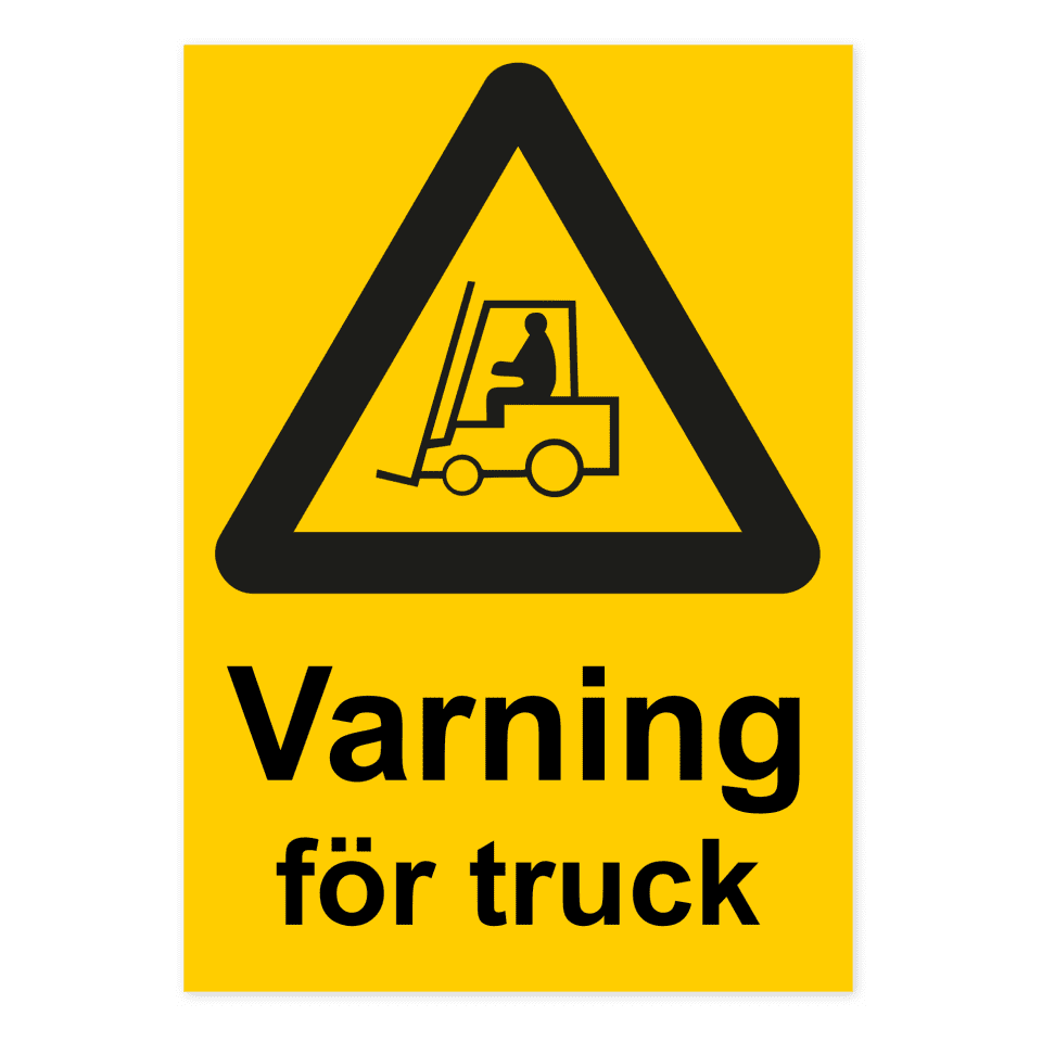Varning för truck-skylten har storleken 210x297mm och tillverkas i materialet Dekal. Denna standardskylt kan anpassas så att du kan skapa din egen version av skylten.