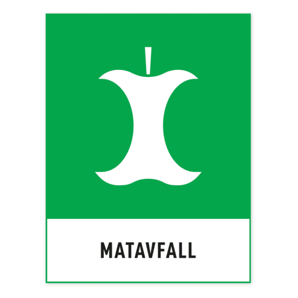 Matavfall-skylten har storleken 210x276mm och tillverkas i materialet Dekal. Denna standardskylt kan anpassas så att du kan skapa din egen version av skylten.