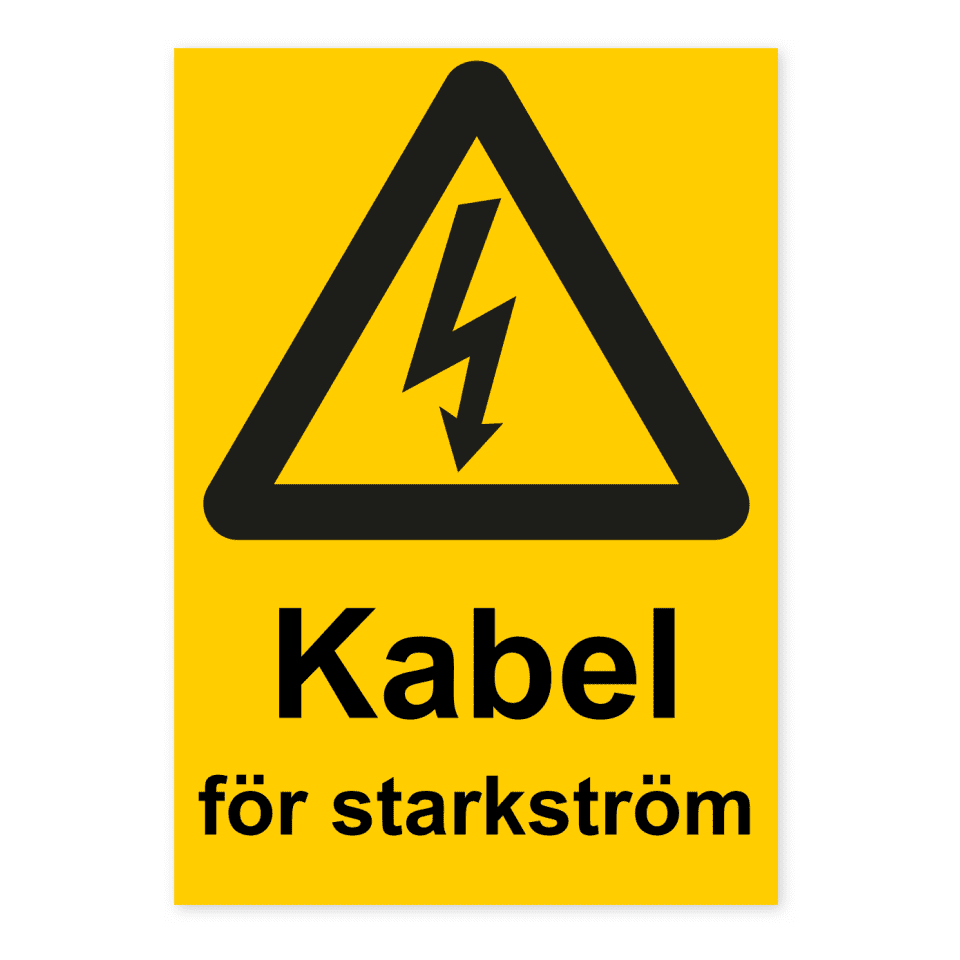 Kabel för starkström-skylten har storleken 148x210mm och tillverkas i materialet Dekal. Denna standardskylt kan anpassas så att du kan skapa din egen version av skylten.
