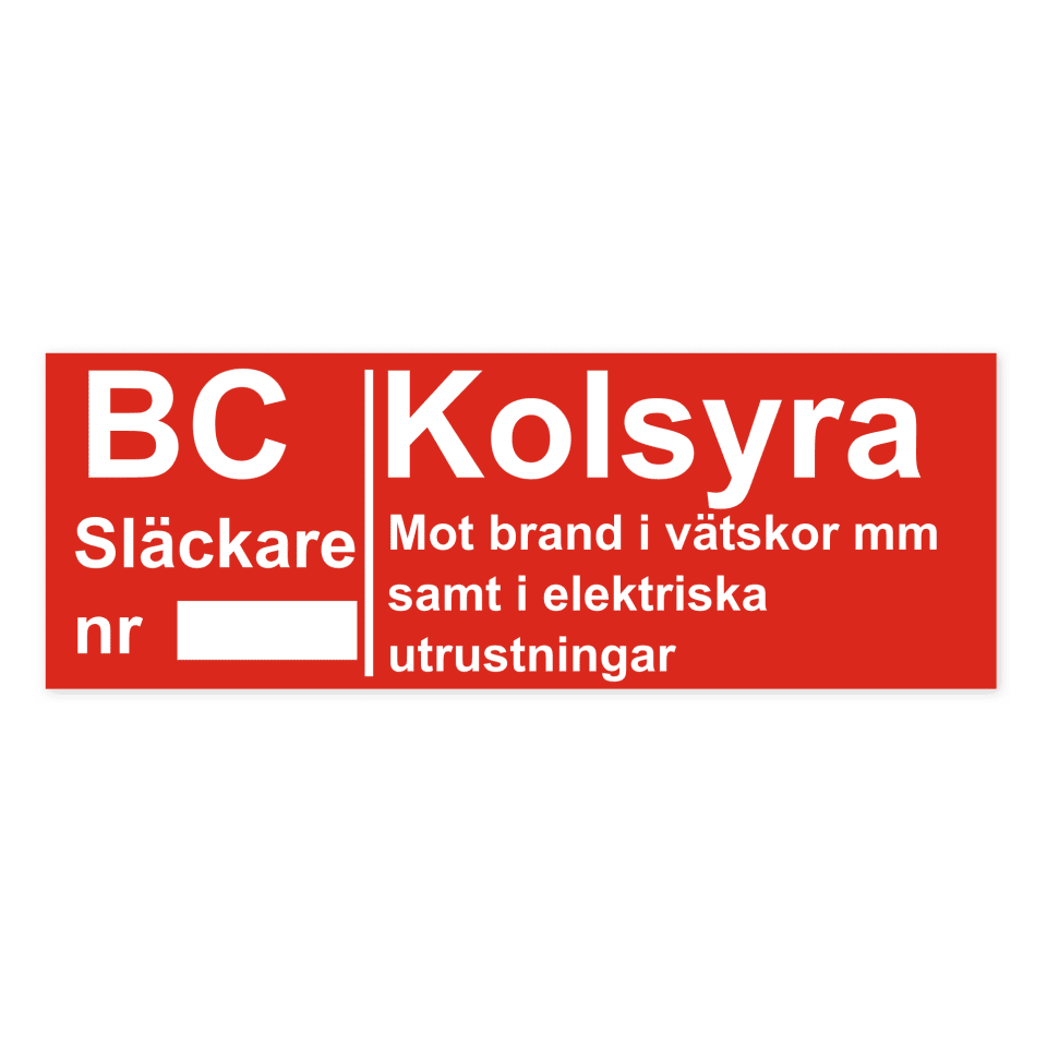Brandsläckare - Kolsyra (BC): Mot brand i vätskor mm samt i elektriska utrustningar-skylten har storleken 297x105mm och tillverkas i materialet Aluminium 0.7mm. Denna standardskylt kan anpassas så att du kan skapa din egen version av skylten.