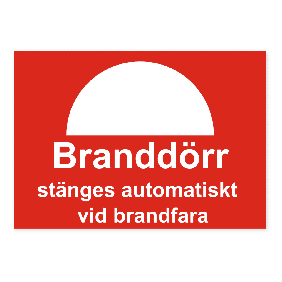 Branddörr stänges automatiskt vid brandfara-skylten har storleken 210x148mm och tillverkas i materialet Aluminium 0.7mm. Denna standardskylt kan anpassas så att du kan skapa din egen version av skylten.