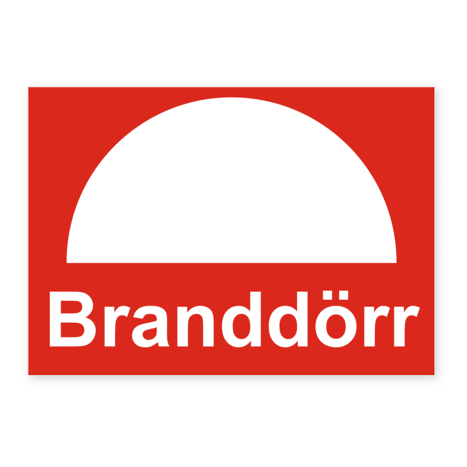 Branddörr -skylten har storleken 148x105mm och tillverkas i materialet Aluminium 0.7mm. Denna standardskylt kan anpassas så att du kan skapa din egen version av skylten.