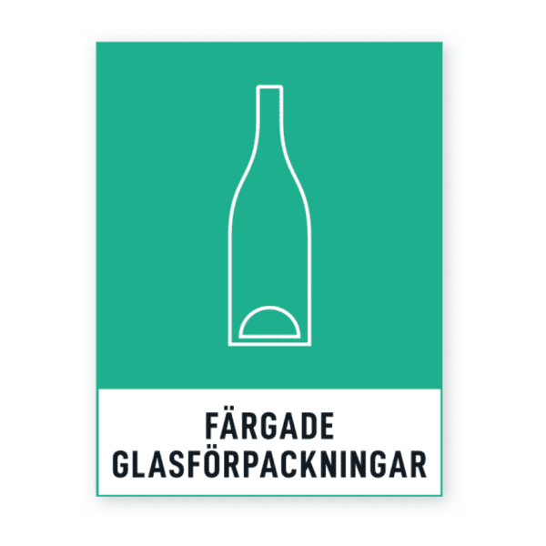 Färgade glasförpackningar-skylten har storleken 74x97mm och tillverkas i materialet Dekal. Denna standardskylt kan anpassas så att du kan skapa din egen version av skylten.