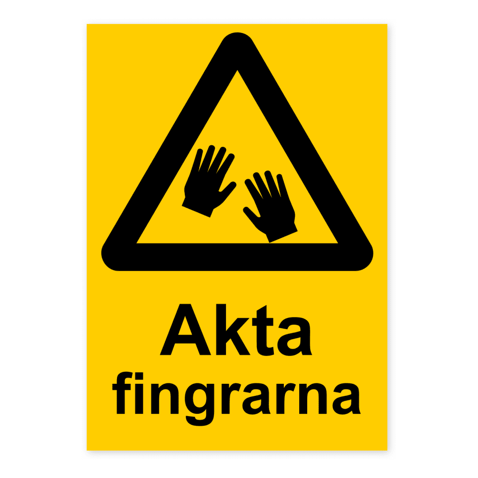 Varning, akta fingrarna-skylten har storleken 148x210mm och tillverkas i materialet Dekal. Denna standardskylt kan anpassas så att du kan skapa din egen version av skylten.
