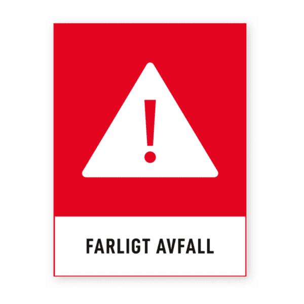 Farligt avfall-skylten har storleken 74x97mm och tillverkas i materialet Dekal. Denna standardskylt kan anpassas så att du kan skapa din egen version av skylten.