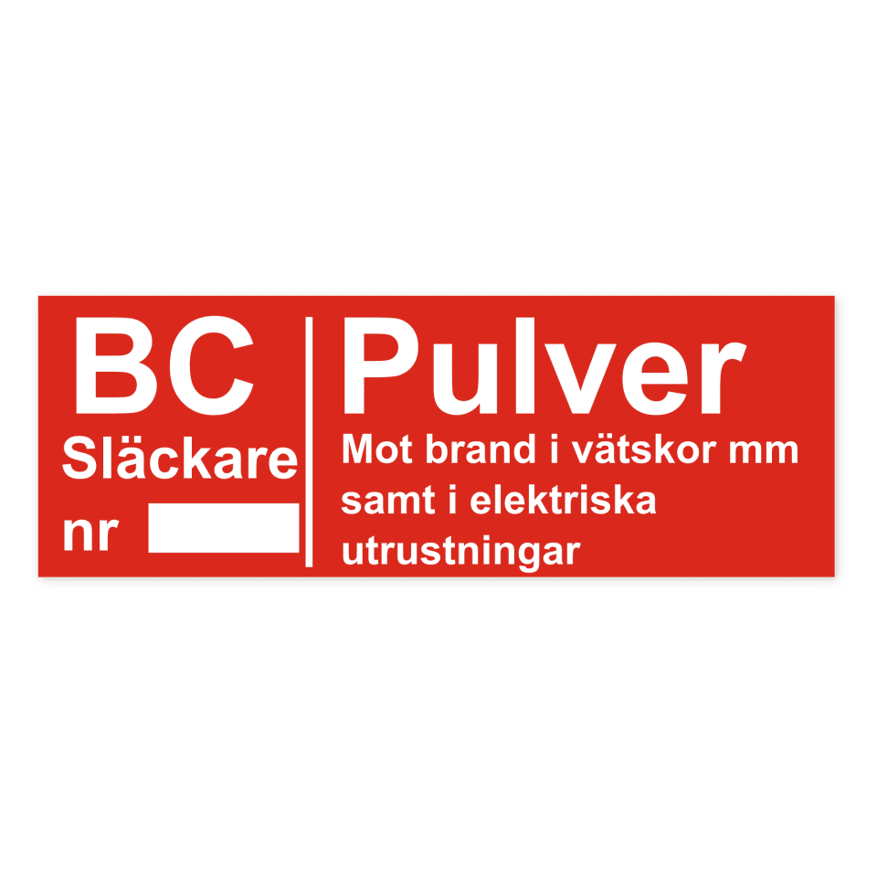Brandsläckare - Pulver (BC): Mot brand i vätskor mm samt i elektriska utrustningar-skylten har storleken 297x105mm och tillverkas i materialet Aluminium 0.7mm. Denna standardskylt kan anpassas så att du kan skapa din egen version av skylten.