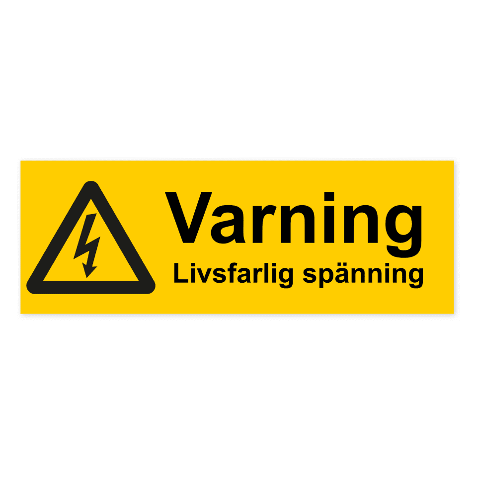 Varning. Livsfarlig spänning-skylten har storleken 297x105mm och tillverkas i materialet Dekal. Denna standardskylt kan anpassas så att du kan skapa din egen version av skylten.