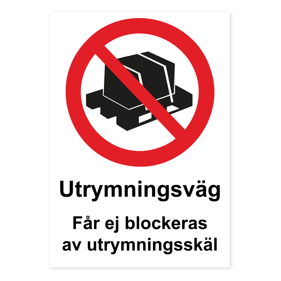 Utrymningsväg. Får ej blockeras av utrymningsskäl-skylten har storleken 210x297mm och tillverkas i materialet Dekal. Denna standardskylt kan anpassas så att du kan skapa din egen version av skylten.