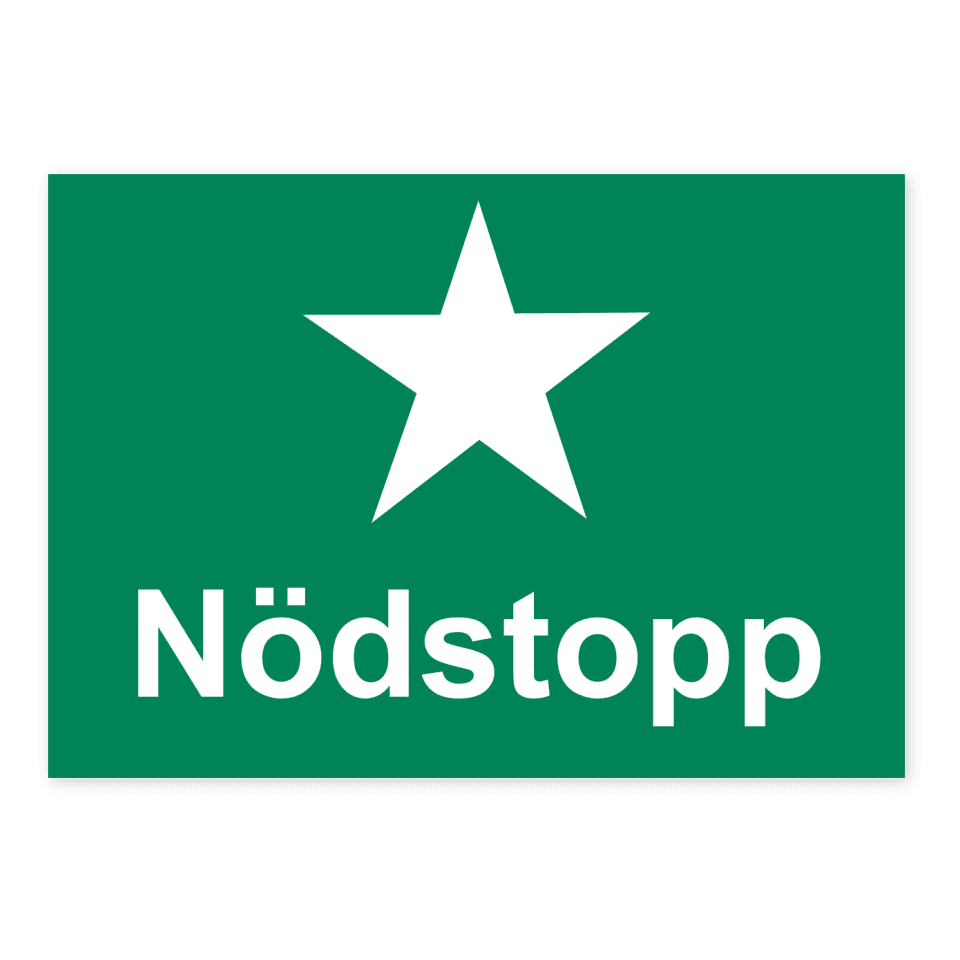 Nödstopp-skylten har storleken 210x148mm och tillverkas i materialet Aluminium 0.7mm. Denna standardskylt kan anpassas så att du kan skapa din egen version av skylten.