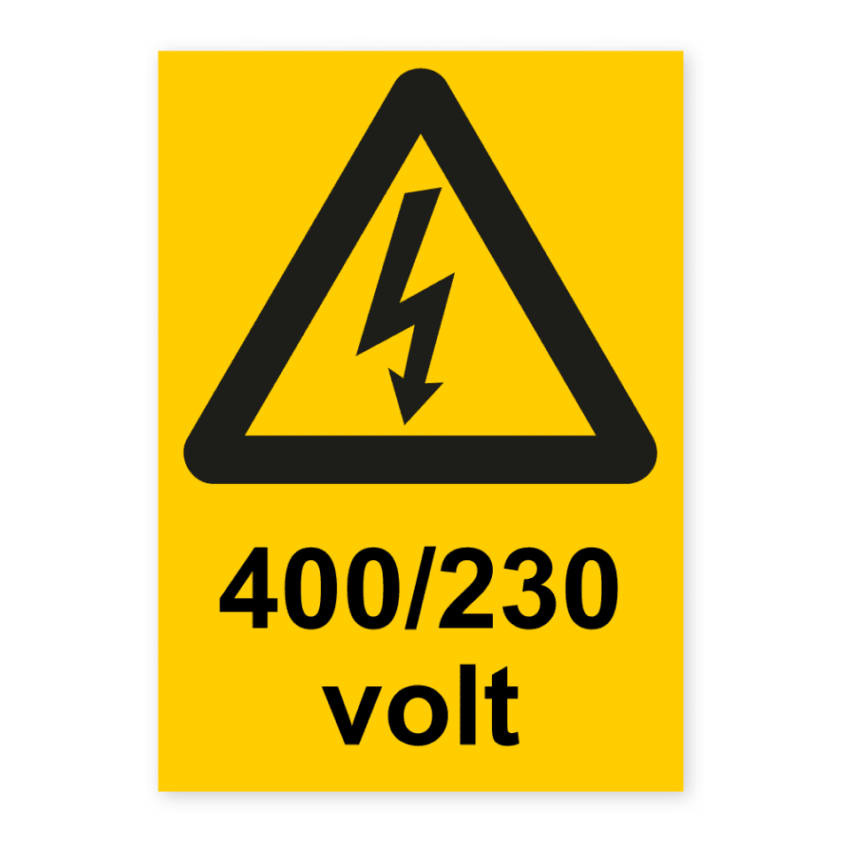 400/230 volt-skylten har storleken 105x148mm och tillverkas i materialet Aluminium 0.7mm. Denna standardskylt kan anpassas så att du kan skapa din egen version av skylten.