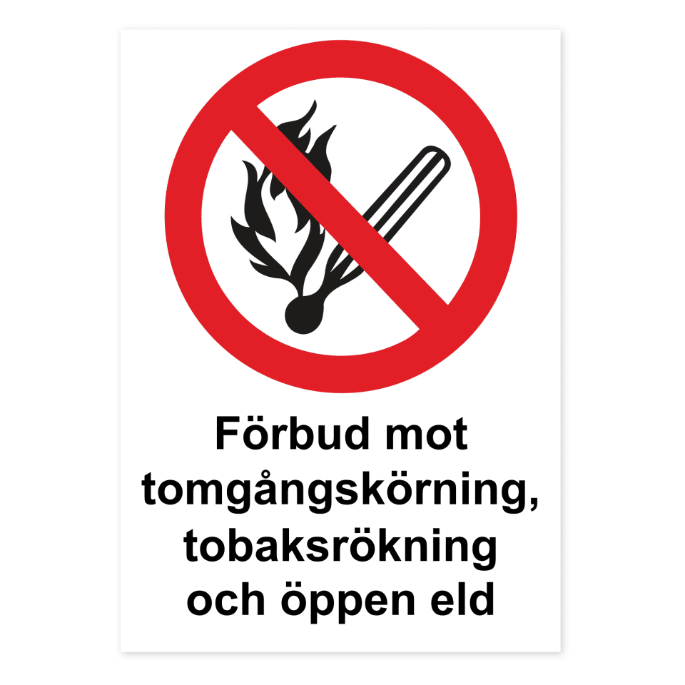 Förbjudet enligt att införa eld, att tända eld och att röka inom området-skylten har storleken 210x297mm och tillverkas i materialet Aluminium 0.7mm. Denna standardskylt kan anpassas så att du kan skapa din egen version av skylten.