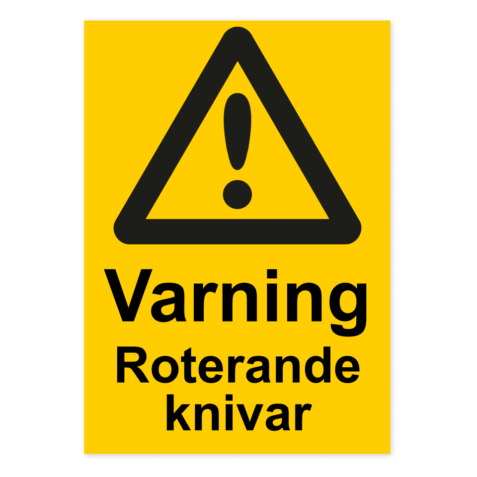 Varning för roterande knivar-skylten har storleken 210x297mm och tillverkas i materialet Dekal. Denna standardskylt kan anpassas så att du kan skapa din egen version av skylten.