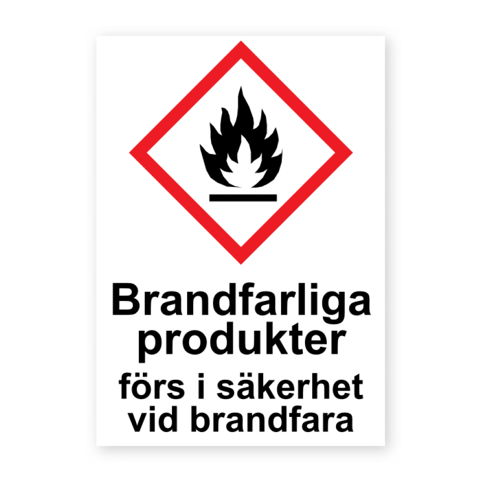 Brandfarliga produkter förs i säkerhet vid brandfara-skylten har storleken 74x105mm och tillverkas i materialet Dekal. Denna standardskylt kan anpassas så att du kan skapa din egen version av skylten.
