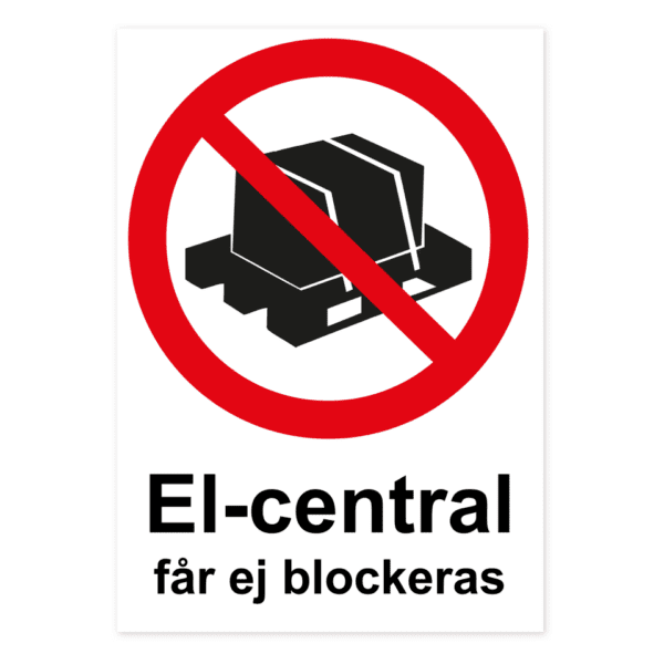 El-central får ej blockeras-skylten har storleken 210x297mm och tillverkas i materialet Aluminium 0.7mm. Denna standardskylt kan anpassas så att du kan skapa din egen version av skylten.