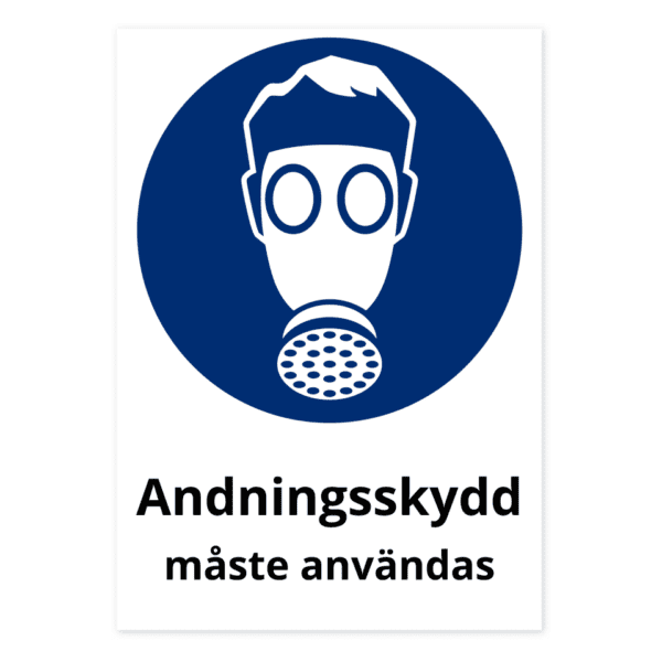 Andningsskydd måste användas-skylten har storleken 210x297mm och tillverkas i materialet Aluminium 0.7mm. Denna standardskylt kan anpassas så att du kan skapa din egen version av skylten.