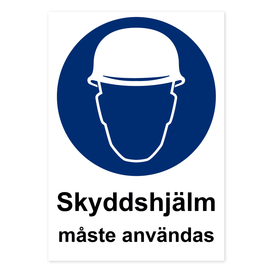 Skyddshjälm måste användas-skylten har storleken 210x297mm och tillverkas i materialet Dekal. Denna standardskylt kan anpassas så att du kan skapa din egen version av skylten.
