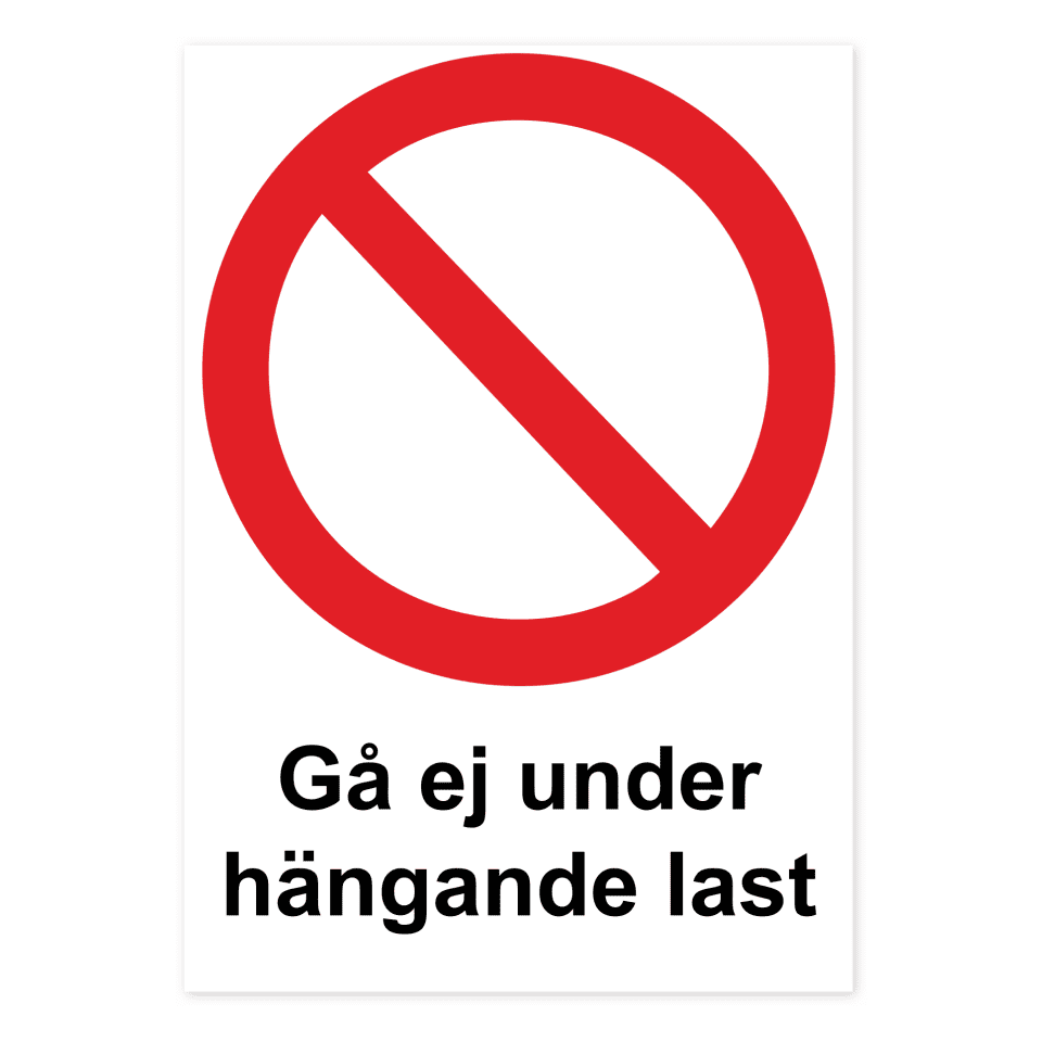 Gå ej under hängande last-skylten har storleken 210x297mm och tillverkas i materialet Aluminium 0.7mm. Denna standardskylt kan anpassas så att du kan skapa din egen version av skylten.